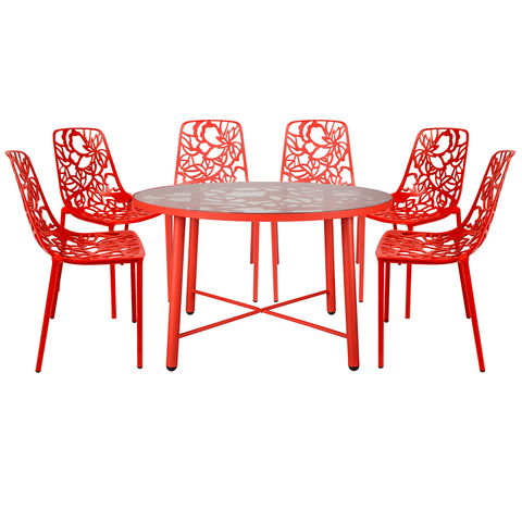 Devon 7-Piece Outdoor Dining Set: Aluminum Table with Glass Top & 6 Stackable Flower Chairs