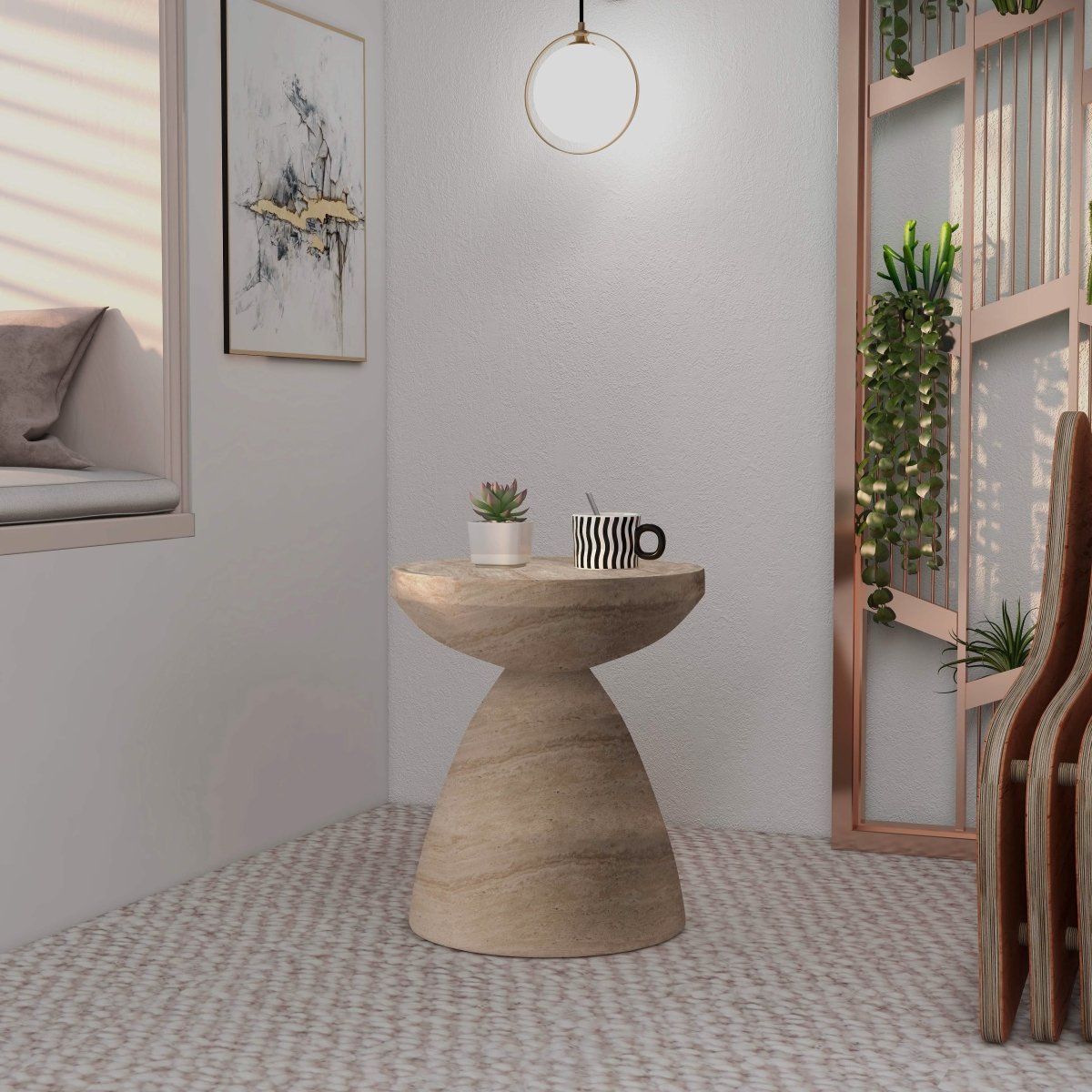 Dune Side Table Fiberstone Round Accent Table and Hourglass Pedestal Base