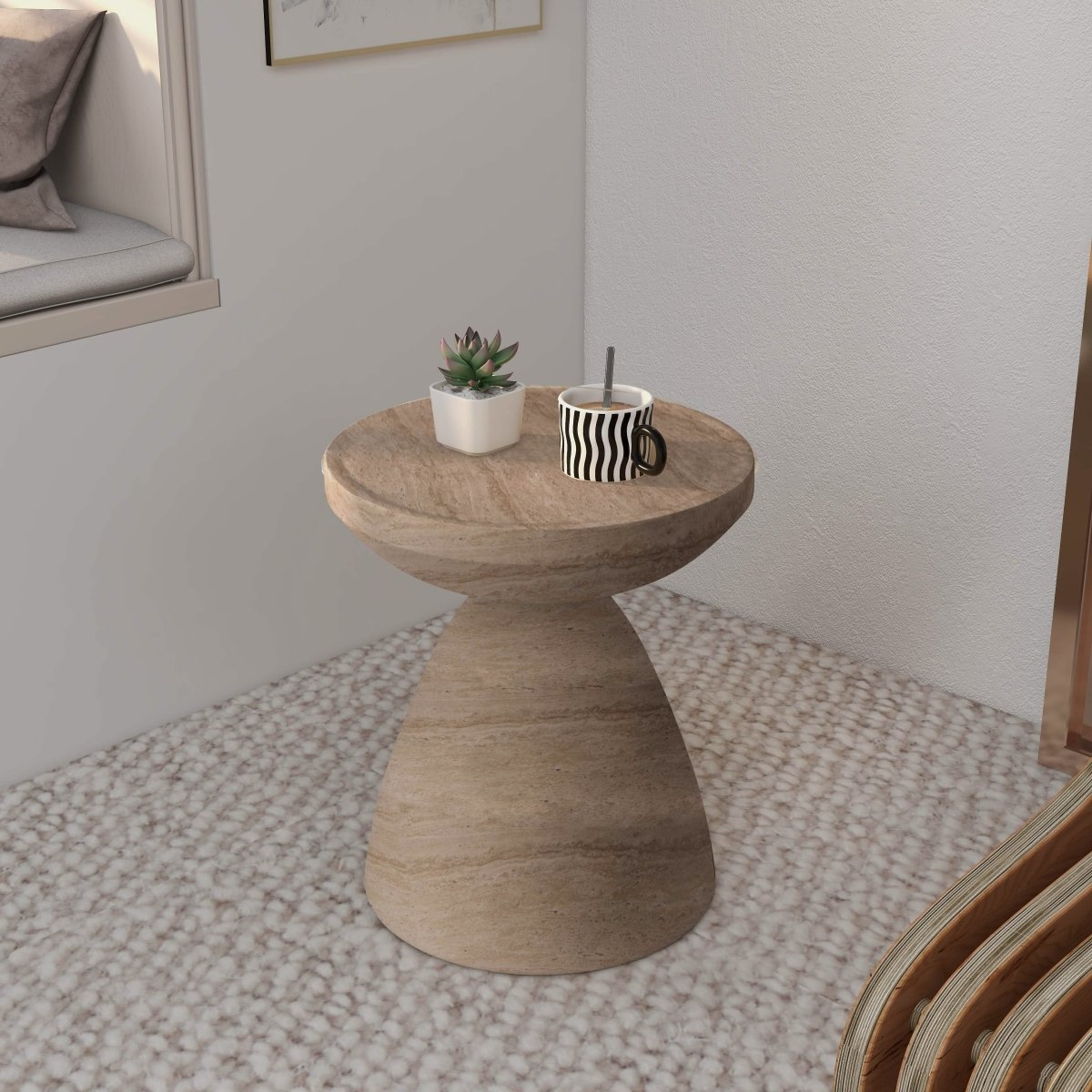 Dune Side Table Fiberstone Round Accent Table and Hourglass Pedestal Base