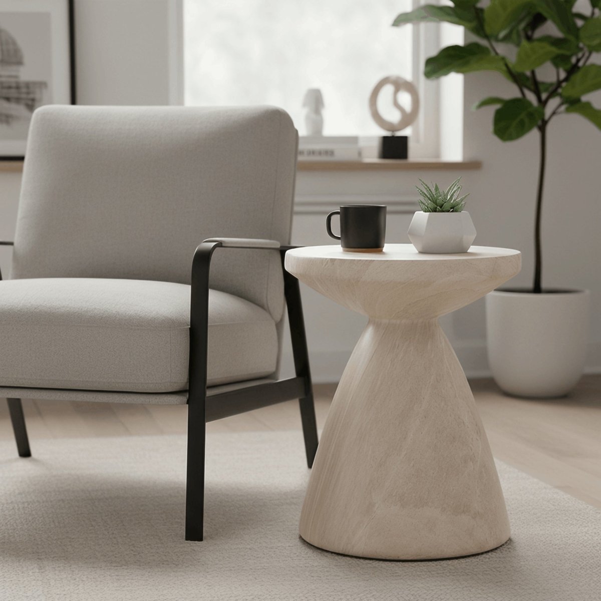 Dune Side Table Fiberstone Round Accent Table and Hourglass Pedestal Base Stone Marble Side Table LeisureMod