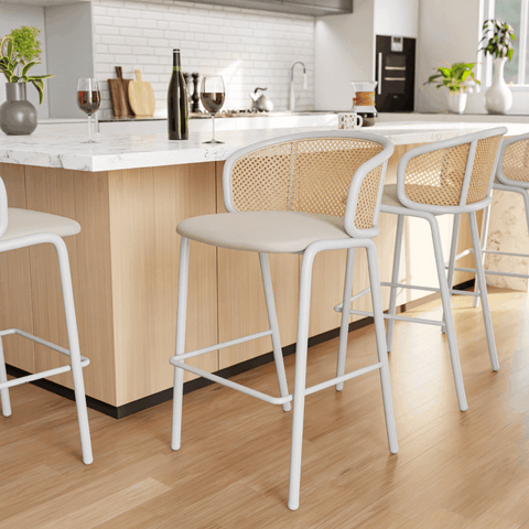 Ervilla Mid-Century Modern Wicker Bar Stool with Fabric Seat and White Powder Coated Steel Frame