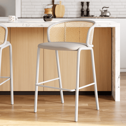 Ervilla Mid-Century Modern Wicker Bar Stool with Fabric Seat and White Powder Coated Steel Frame