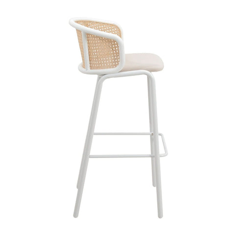 Ervilla Mid-Century Modern Wicker Bar Stool with Fabric Seat and White Powder Coated Steel Frame