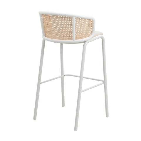 Ervilla Mid-Century Modern Wicker Bar Stool with Fabric Seat and White Powder Coated Steel Frame