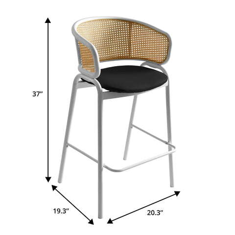 Ervilla Wicker Bar Stool with Leather Seat and Black/White Stainless Steel Frame