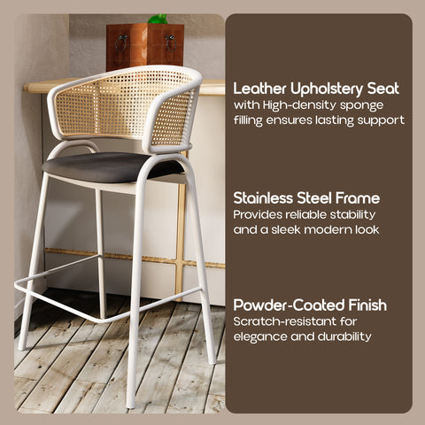 Ervilla Wicker Bar Stool with Leather Seat and Black/White Stainless Steel Frame