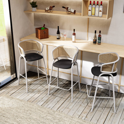 Ervilla Wicker Bar Stool with Leather Seat and Black/White Stainless Steel Frame