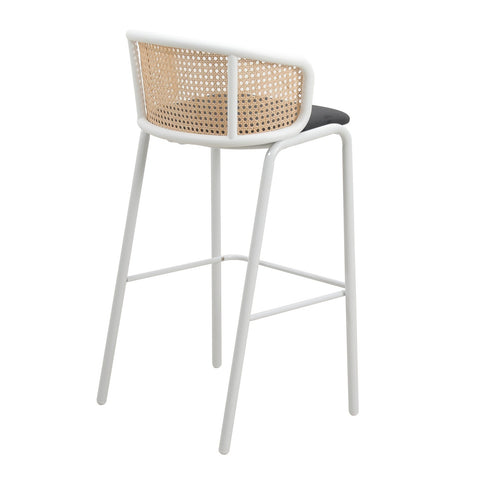 Ervilla Mid-Century Modern Wicker Bar Stool with Fabric Seat and White Powder Coated Steel Frame