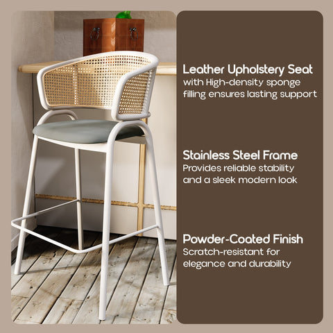 Ervilla Wicker Bar Stool with Leather Seat and Black/White Stainless Steel Frame
