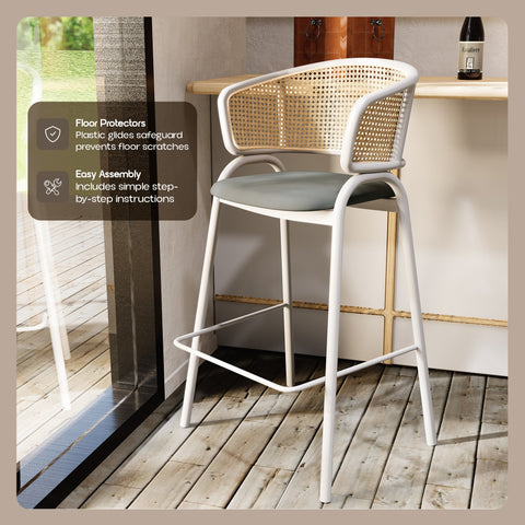 Ervilla Wicker Bar Stool with Leather Seat and Black/White Stainless Steel Frame