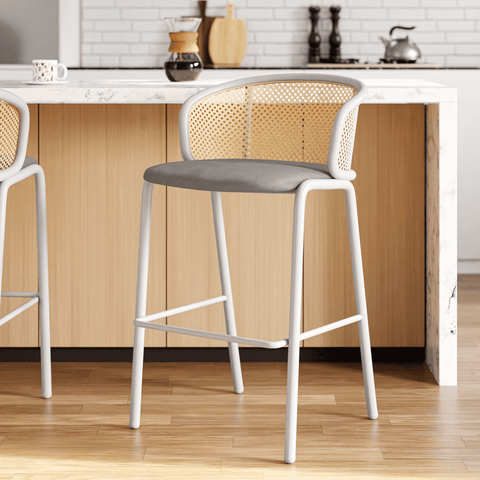 Ervilla Mid-Century Modern Wicker Bar Stool with Fabric Seat and White Powder Coated Steel Frame