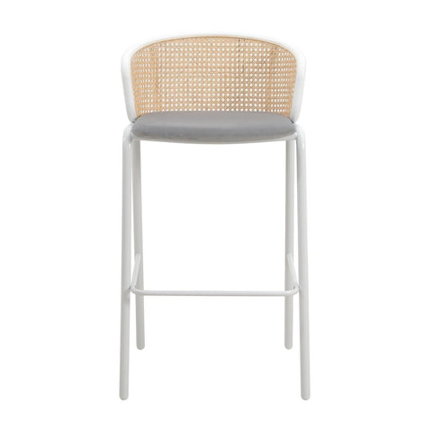 Ervilla Mid-Century Modern Wicker Bar Stool with Fabric Seat and White Powder Coated Steel Frame