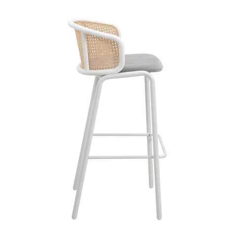 Ervilla Mid-Century Modern Wicker Bar Stool with Fabric Seat and White Powder Coated Steel Frame