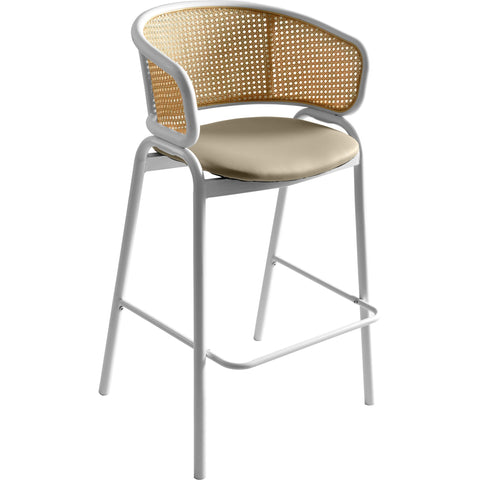 Ervilla Wicker Bar Stool with Leather Seat and Black/White Stainless Steel Frame