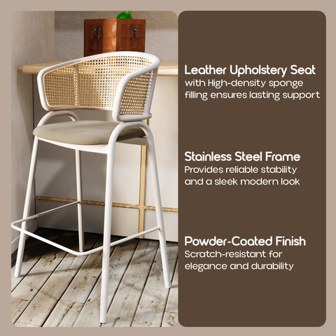 Ervilla Wicker Bar Stool with Leather Seat and Black/White Stainless Steel Frame