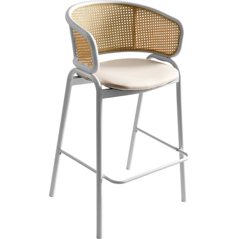 Ervilla Wicker Bar Stool with Leather Seat and Black/White Stainless Steel Frame