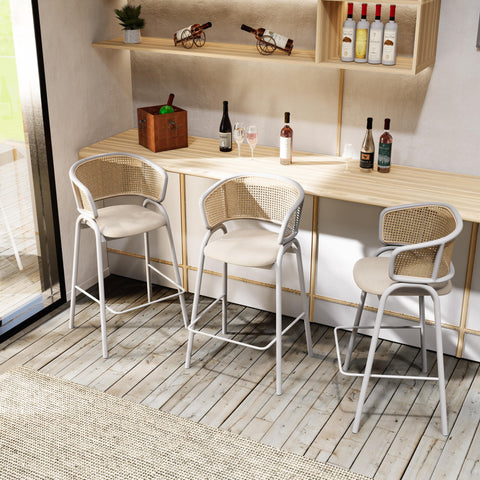 Ervilla Wicker Bar Stool with Leather Seat and Black/White Stainless Steel Frame