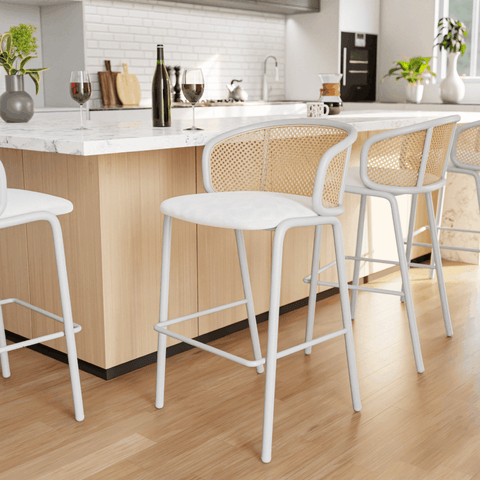 Ervilla Mid-Century Modern Wicker Bar Stool with Fabric Seat and White Powder Coated Steel Frame