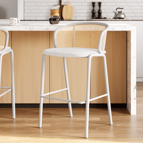 Ervilla Mid-Century Modern Wicker Bar Stool with Fabric Seat and White Powder Coated Steel Frame