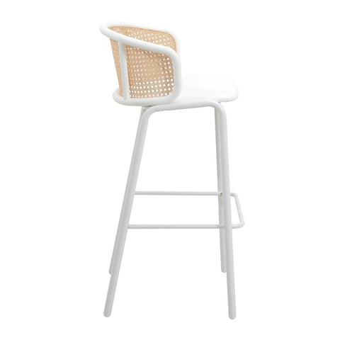 Ervilla Mid-Century Modern Wicker Bar Stool with Fabric Seat and White Powder Coated Steel Frame