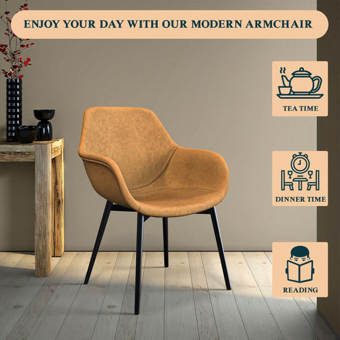 Markley Modern Leather Dining Arm Chair With Black/Gold Metal Legs
