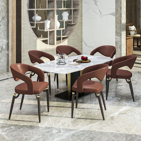 LeisureMod Entice Modern Dining Chairs Upholstered Leather Seat and Curved Back in Black Iron Legs