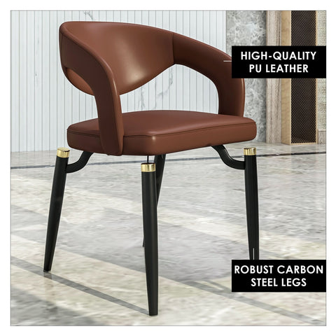 LeisureMod Entice Modern Dining Chairs Upholstered Leather Seat and Curved Back in Black Iron Legs