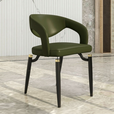 LeisureMod Entice Modern Dining Chairs Upholstered Leather Seat and Curved Back in Black Iron Legs