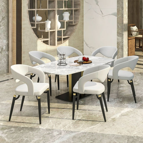 Entice Dining Chairs Upholstered Leather Seat and Curved Back in Black Iron Legs
