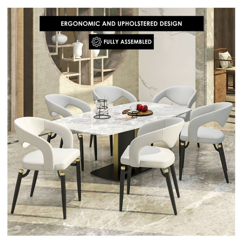 Entice Dining Chairs Upholstered Leather Seat and Curved Back in Black Iron Legs