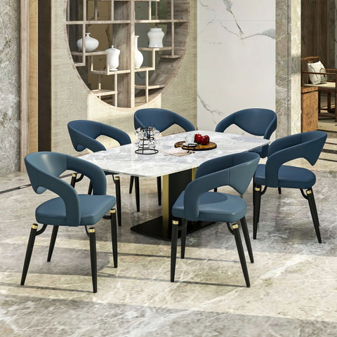 Entice Dining Chairs Upholstered Leather Seat and Curved Back in Black Iron Legs