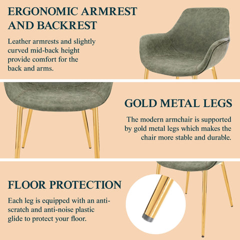 Markley Modern Leather Dining Arm Chair With Black/Gold Metal Legs