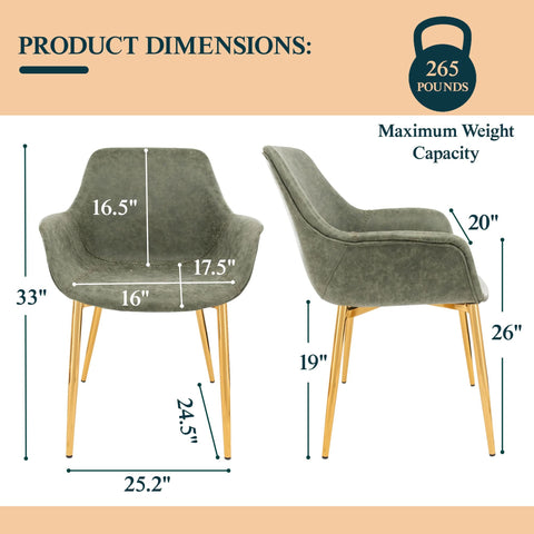 Markley Modern Leather Dining Arm Chair With Black/Gold Metal Legs