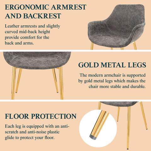 Markley Modern Leather Dining Arm Chair With Black/Gold Metal Legs