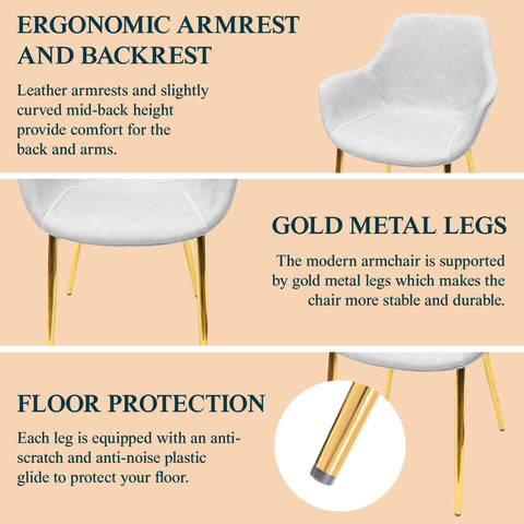 Markley Modern Leather Dining Arm Chair With Black/Gold Metal Legs