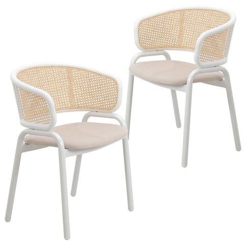 Ervilla Modern Dining Armchair with White Powder Coated Steel Legs and Wicker Back Set of 2