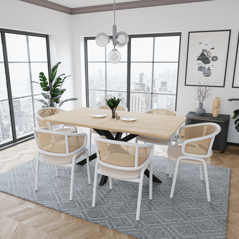 Ervilla Modern Dining Armchair with White Powder Coated Steel Legs and Wicker Back Set of 2