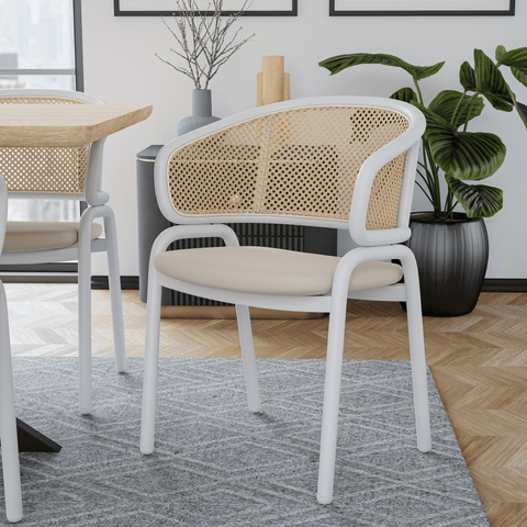 Ervilla Modern Dining Armchair with White Powder Coated Steel Legs and Wicker Back Set of 2