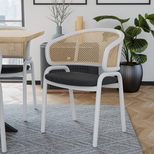 Ervilla Leather Upholstered Dining Armchair in Black/White Stainless Steel Base With Wicker Back