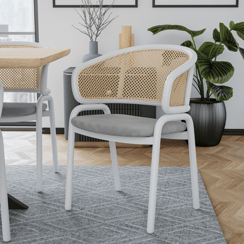 Ervilla Modern Dining Armchair with White Powder Coated Steel Legs and Wicker Back Set of 2