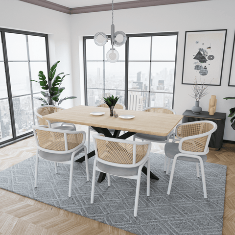 Ervilla Modern Dining Armchair with White Powder Coated Steel Legs and Wicker Back Set of 2