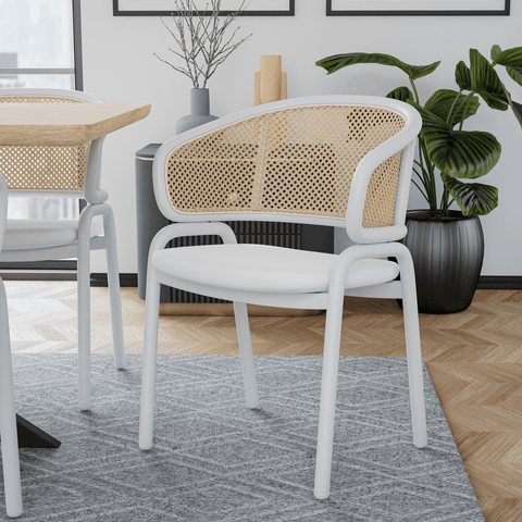 Ervilla Modern Dining Armchair with White Powder Coated Steel Legs and Wicker Back Set of 2