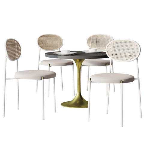 Verve 5-Piece Dining Set with 36" Round Dining Table Black MDF Top and Gold Base with 4 Velvet Dining Chairs in White Steel LegsElevate your dining experience with our Verve 5-Piece Dining Set! This elegant set includes a 36" round table with a sleek blac