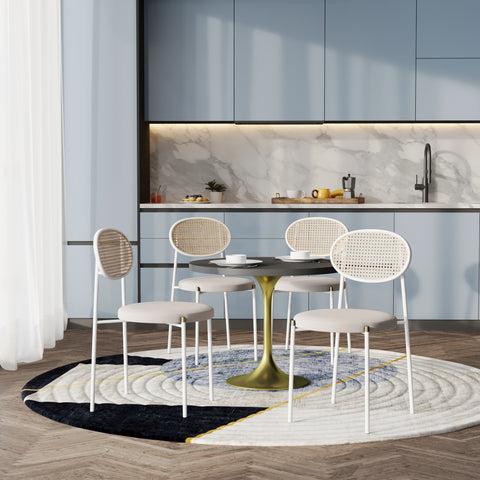 Verve 5-Piece Dining Set with 36" Round Dining Table Black MDF Top and Gold Base with 4 Velvet Dining Chairs in White Steel LegsElevate your dining experience with our Verve 5-Piece Dining Set! This elegant set includes a 36" round table with a sleek blac
