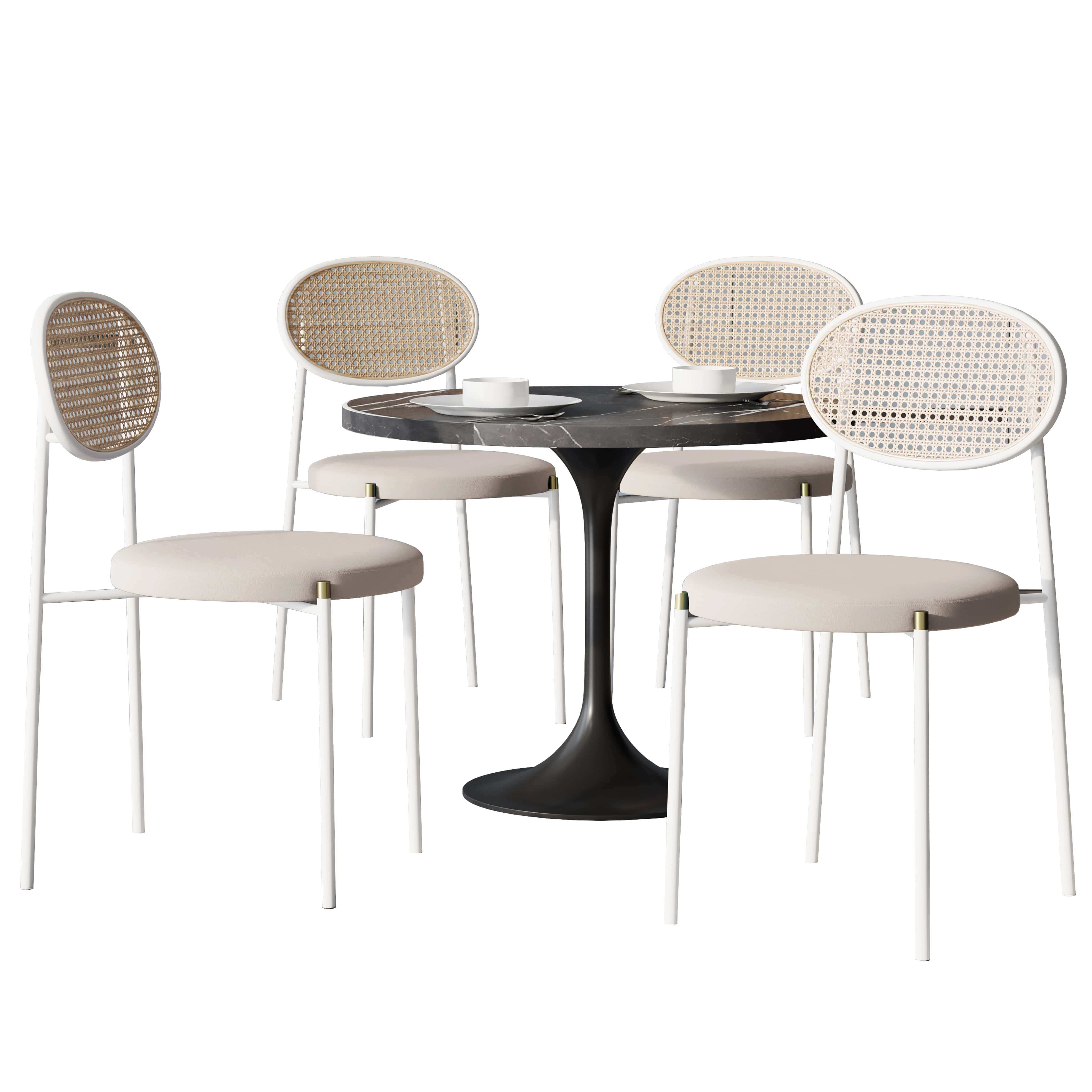 Verve 5-Piece Dining Set with 36" Round Dining Table Black Sintered Stone Top and Black Pedestal with 4 Velvet Dining Chairs in White Steel LegsElevate your dining experience with the Verve 5-Piece Dining Set. The 36" round black sintered stone top and bl