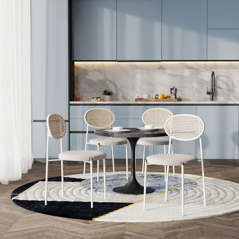 Verve 5-Piece Dining Set with 36" Round Dining Table Black Sintered Stone Top and Black Pedestal with 4 Velvet Dining Chairs in White Steel LegsElevate your dining experience with the Verve 5-Piece Dining Set. The 36" round black sintered stone top and bl