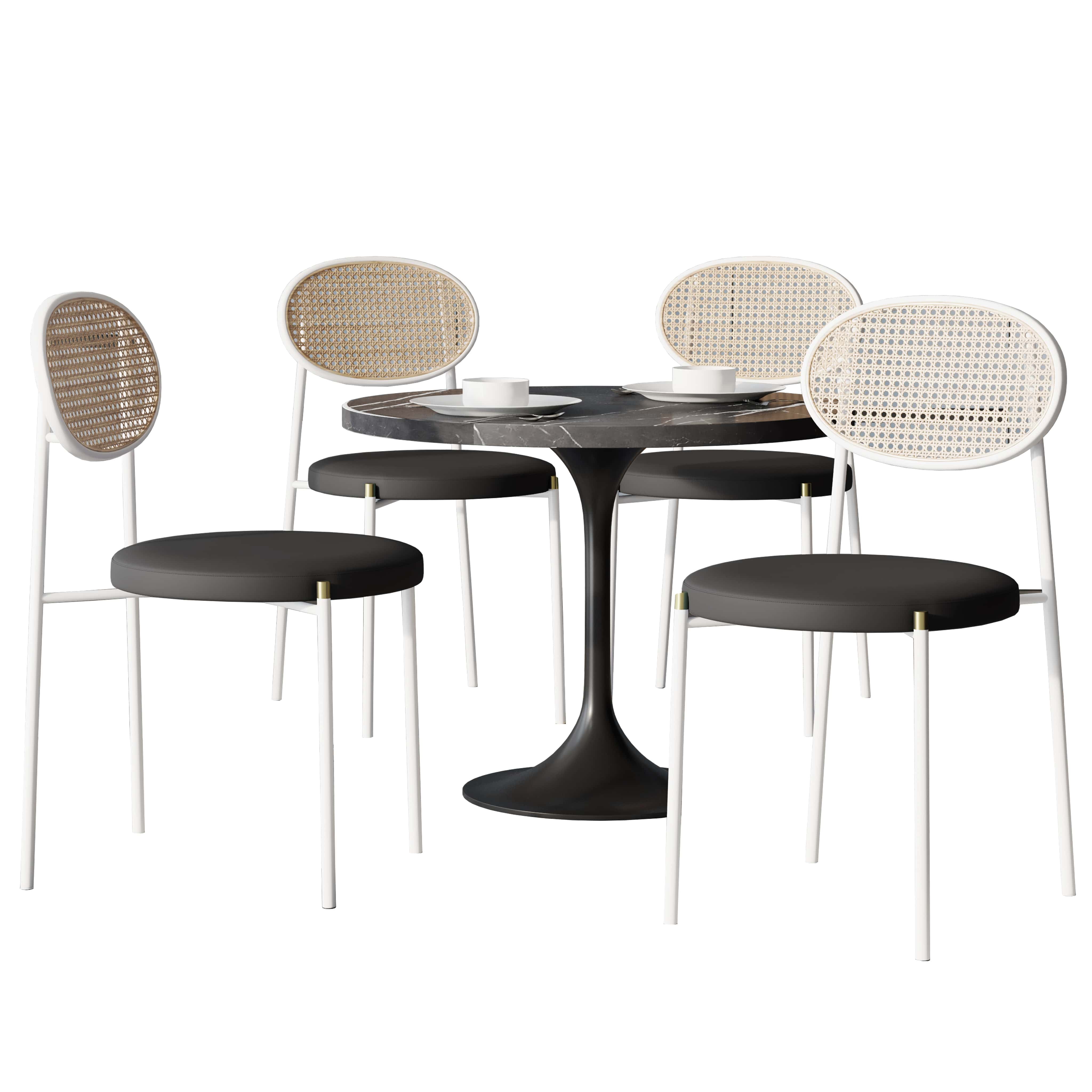 Verve 5-Piece Dining Set with 36" Round Dining Table Black Sintered Stone Top and Black Pedestal with 4 Velvet Dining Chairs in White Steel LegsElevate your dining experience with the Verve 5-Piece Dining Set. The 36" round black sintered stone top and bl