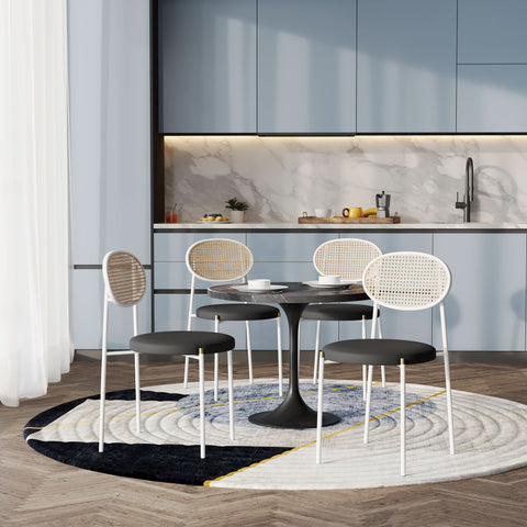 Verve 5-Piece Dining Set with 36" Round Dining Table Black Sintered Stone Top and Black Pedestal with 4 Velvet Dining Chairs in White Steel LegsElevate your dining experience with the Verve 5-Piece Dining Set. The 36" round black sintered stone top and bl