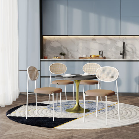Verve 5-Piece Dining Set with 36" Round Dining Table Black MDF Top and Gold Base with 4 Velvet Dining Chairs in White Steel LegsElevate your dining experience with our Verve 5-Piece Dining Set! This elegant set includes a 36" round table with a sleek blac