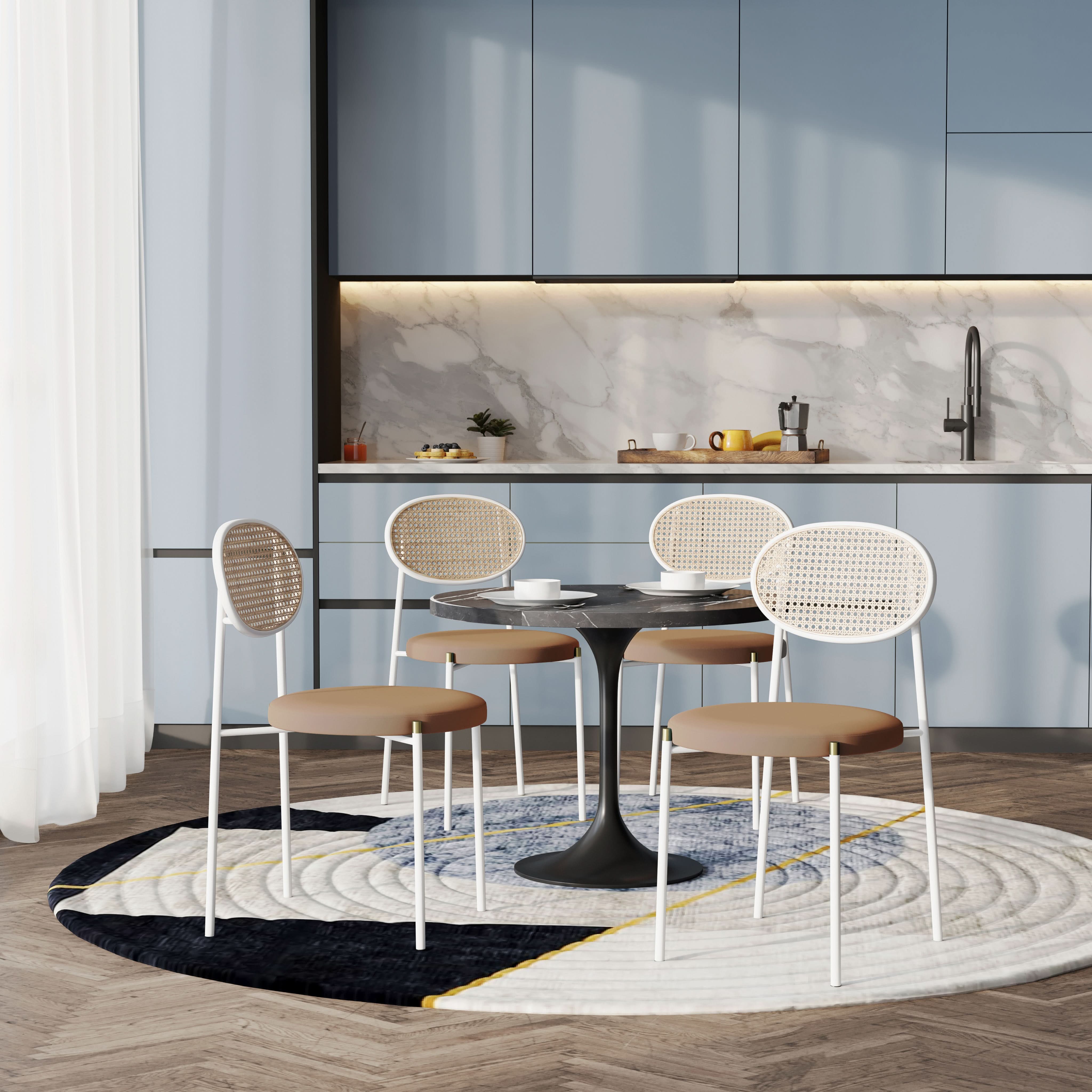 Verve 5-Piece Dining Set with 36" Round Dining Table Black Sintered Stone Top and Black Pedestal with 4 Velvet Dining Chairs in White Steel LegsElevate your dining experience with the Verve 5-Piece Dining Set. The 36" round black sintered stone top and bl